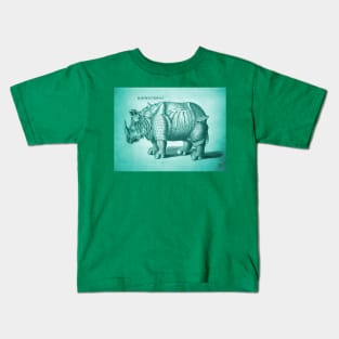 Teal Rhino Antique Engraving Kids T-Shirt